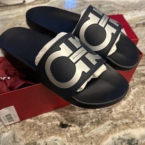 Salvatore Ferragamo Men Slides . Brand New. Dark Blue, with Silver. Size 11.